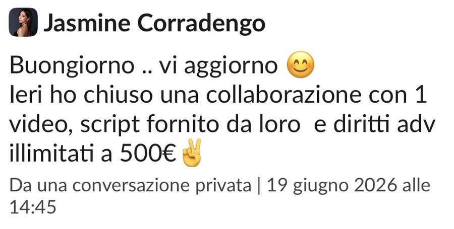 Jasmine ha chiuso una collaborazione da 500 euro