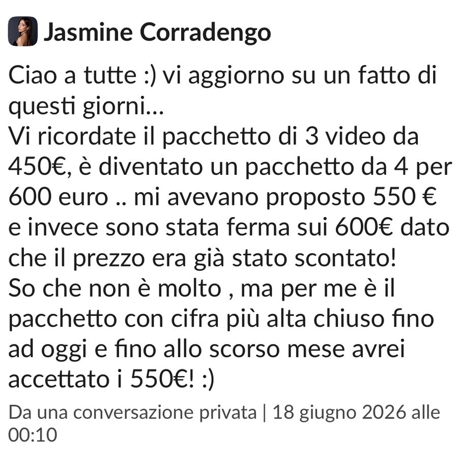 Jasmine ha difeso il prezzo del pacchetto a 600 euro