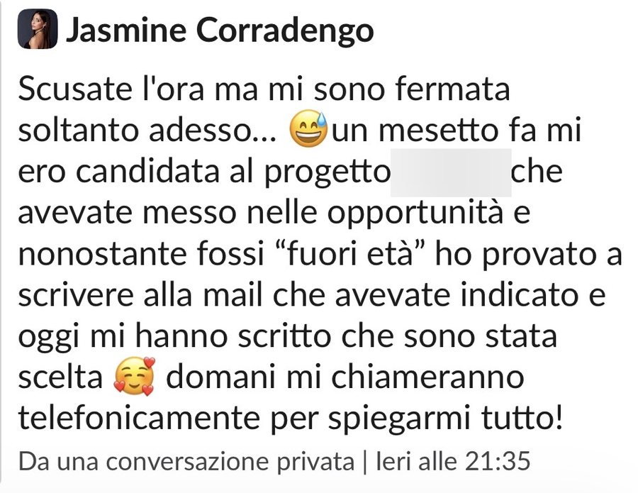 Jasmine è stata scelta per un progetto