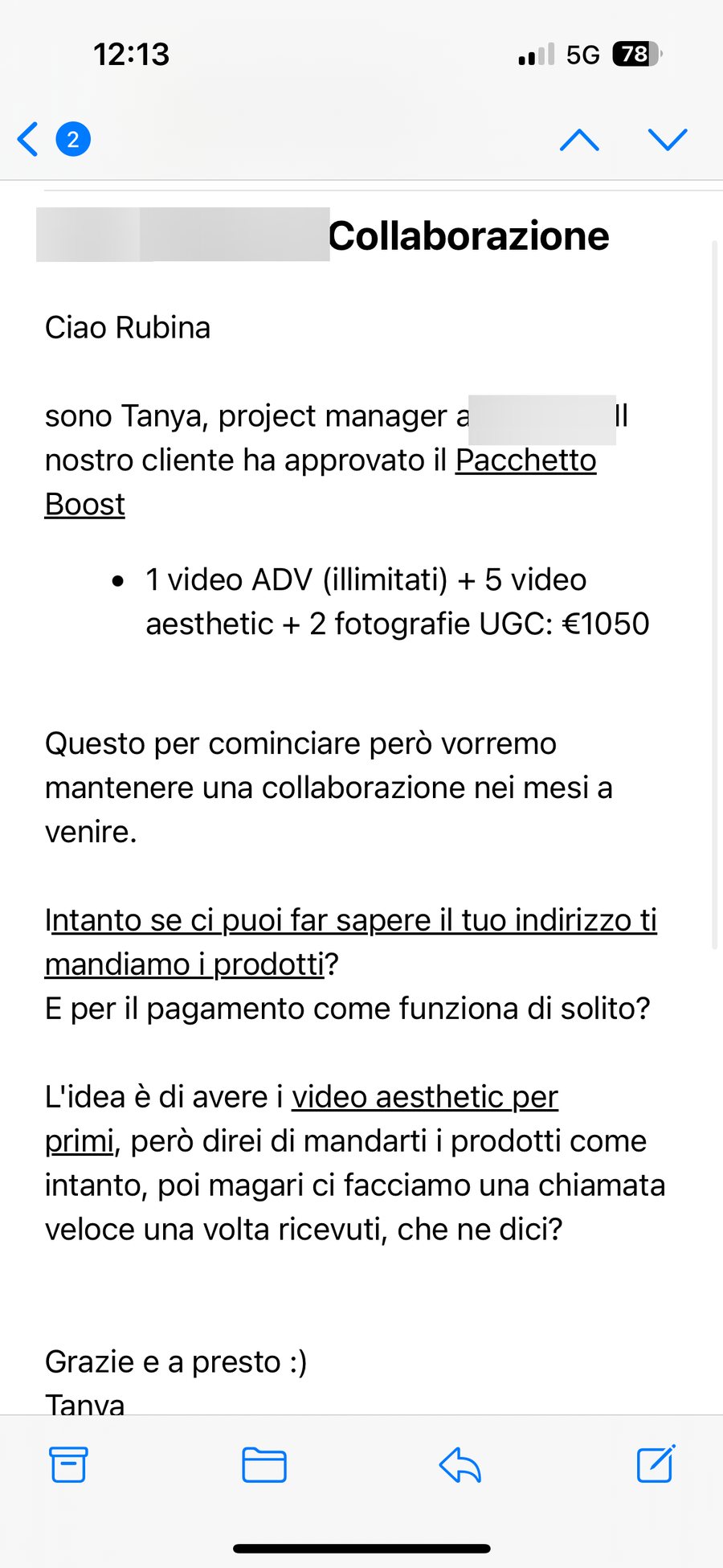 Proposta di collaborazione da 1.050 euro per Rubina